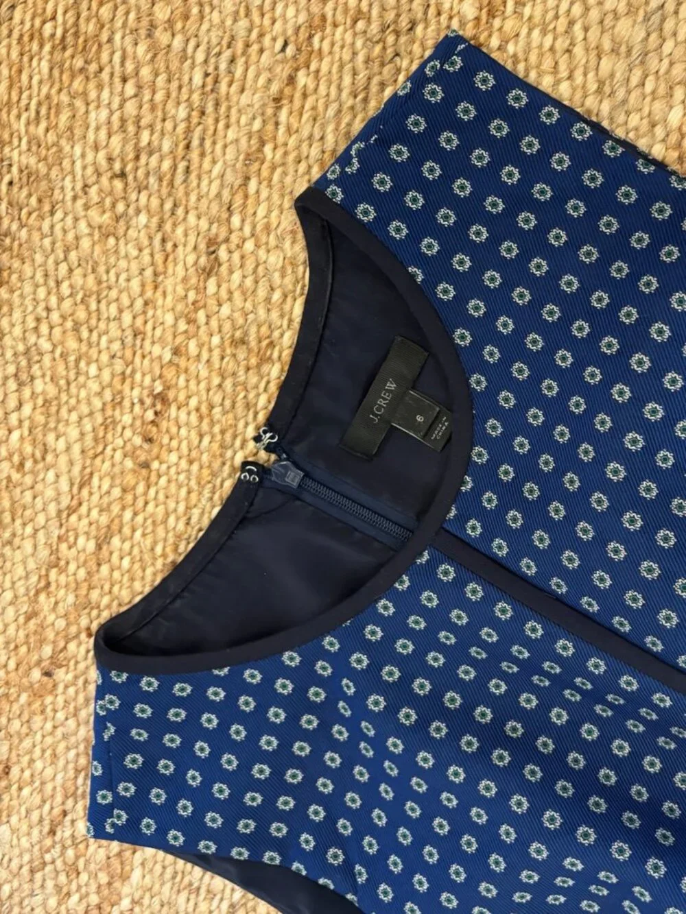 J Crew Navy Blue Print Sheath Sleeveless Dress with Navy Piping